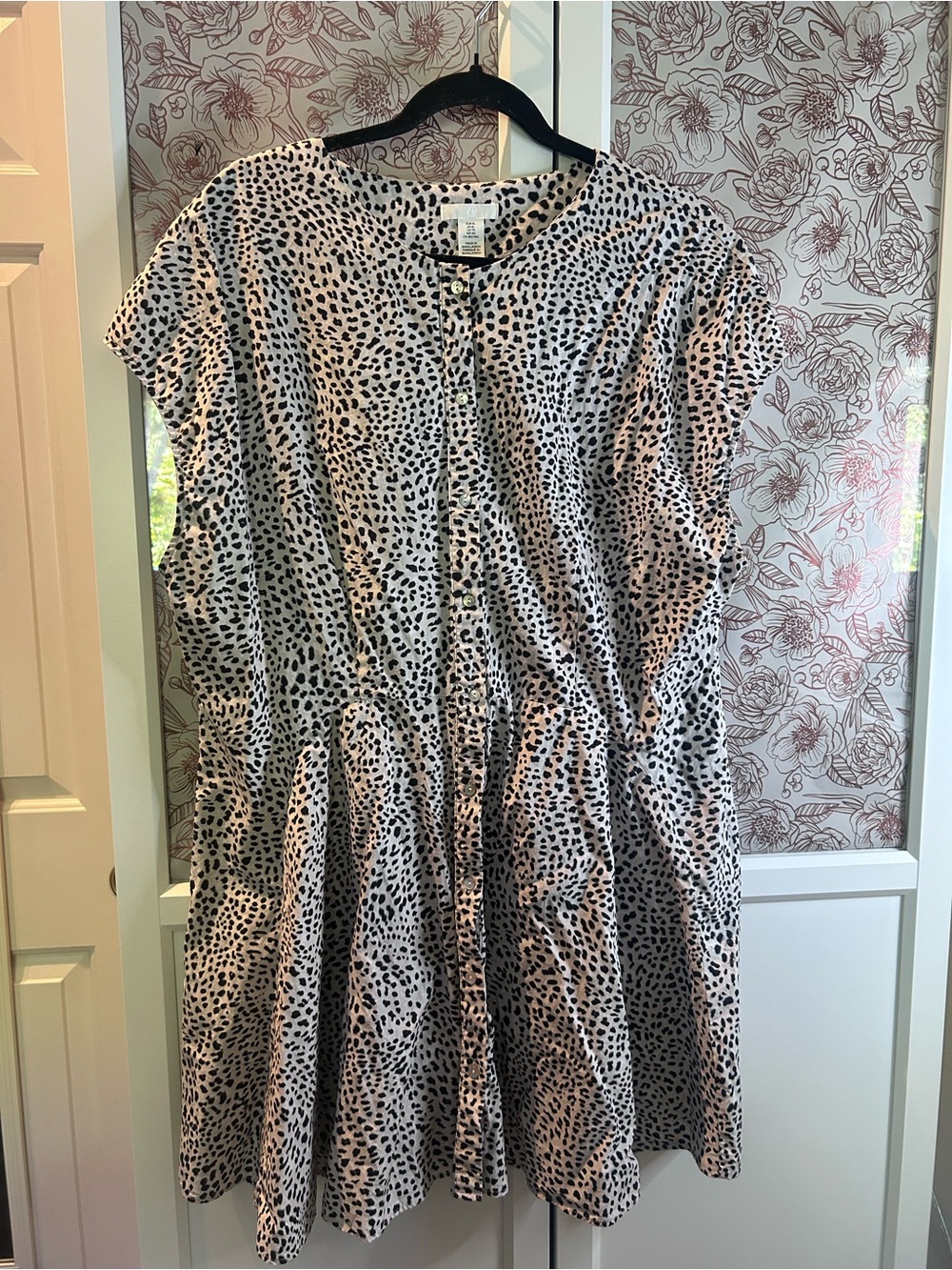H&M Black and Light Beige Animal Print Button-Front Cotton Dress